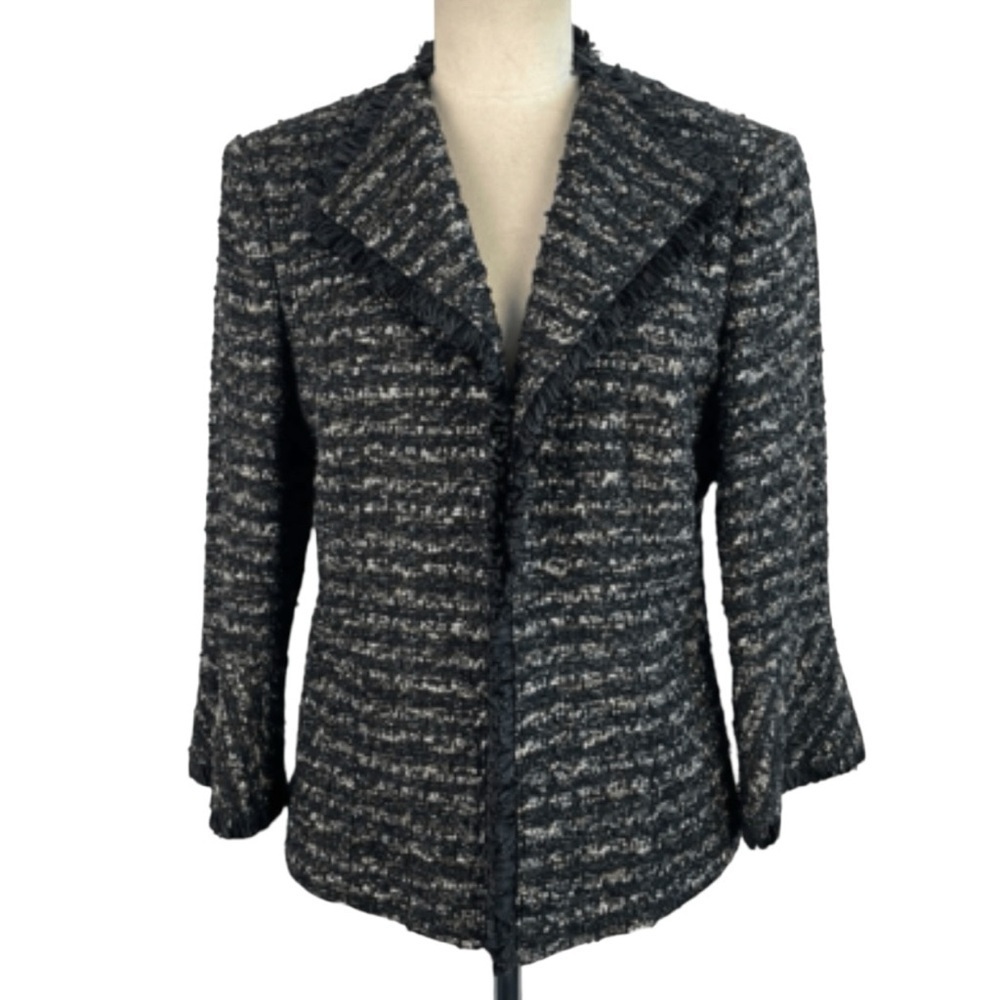 Lafayette 148 Black Tweed Ribbon Trim Open Front Blazer Black Size 14